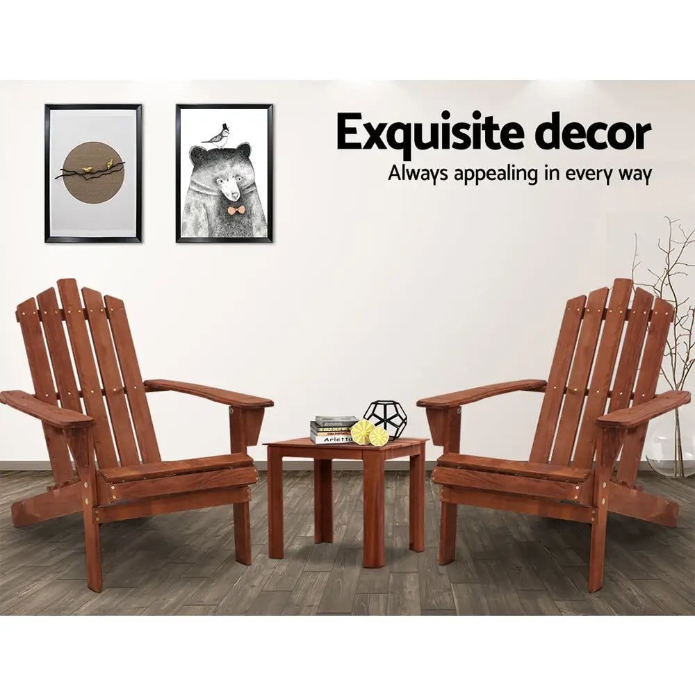 Gardeon 3PC Adirondack Outdoor Table and Chairs Wooden Beach Chair Brown - Furniture > Outdoor > Outdoor Sofas & Lounge