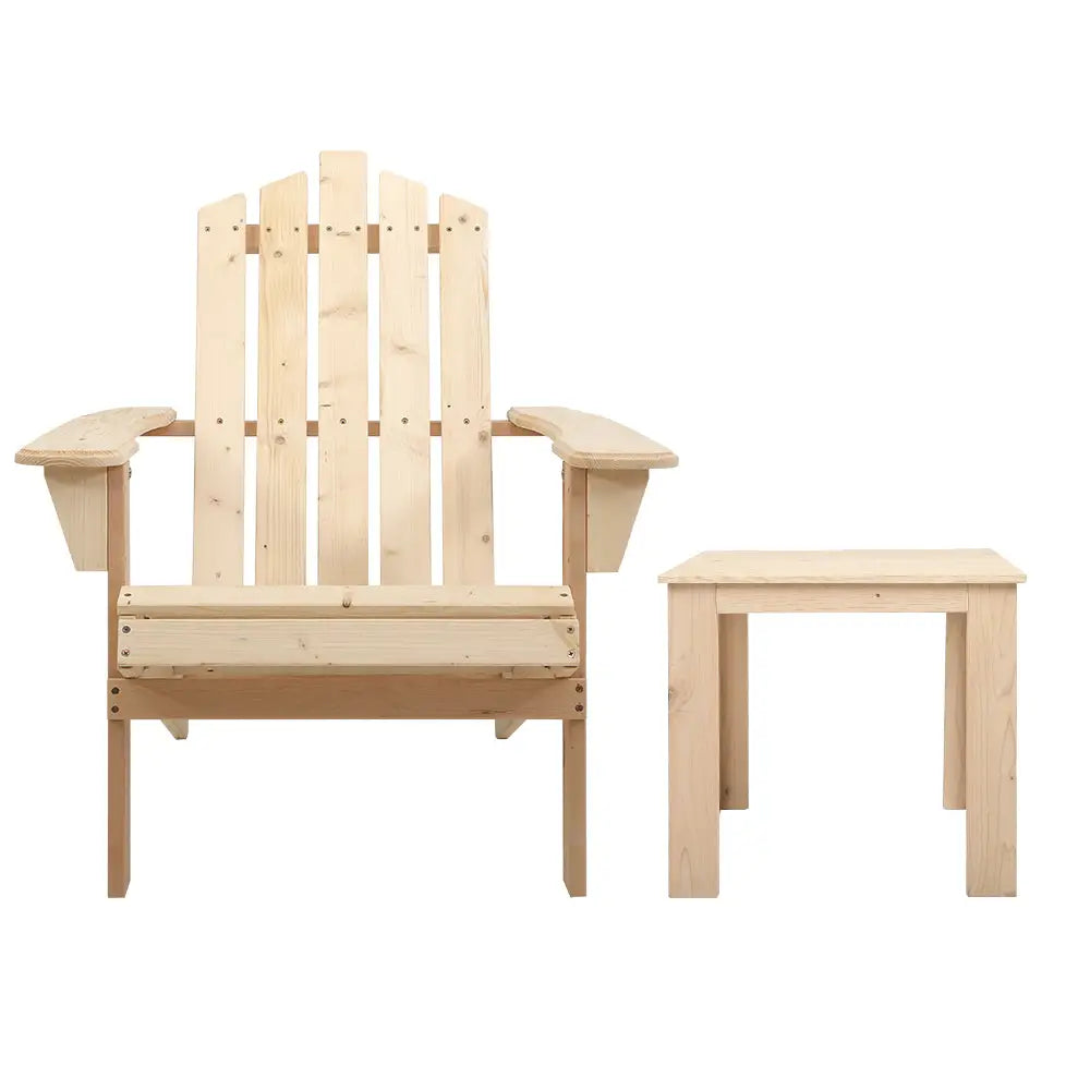 Gardeon 3PC Adirondack Outdoor Table and Chairs Wooden Beach Chair Natural - Furniture > Outdoor > Outdoor Chairs
