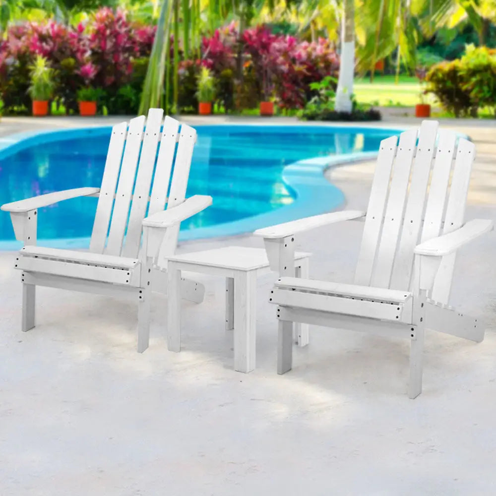 Gardeon 3PC Adirondack Outdoor Table and Chairs Wooden Beach Chair White - Furniture > Outdoor > Outdoor Sofas & Lounge
