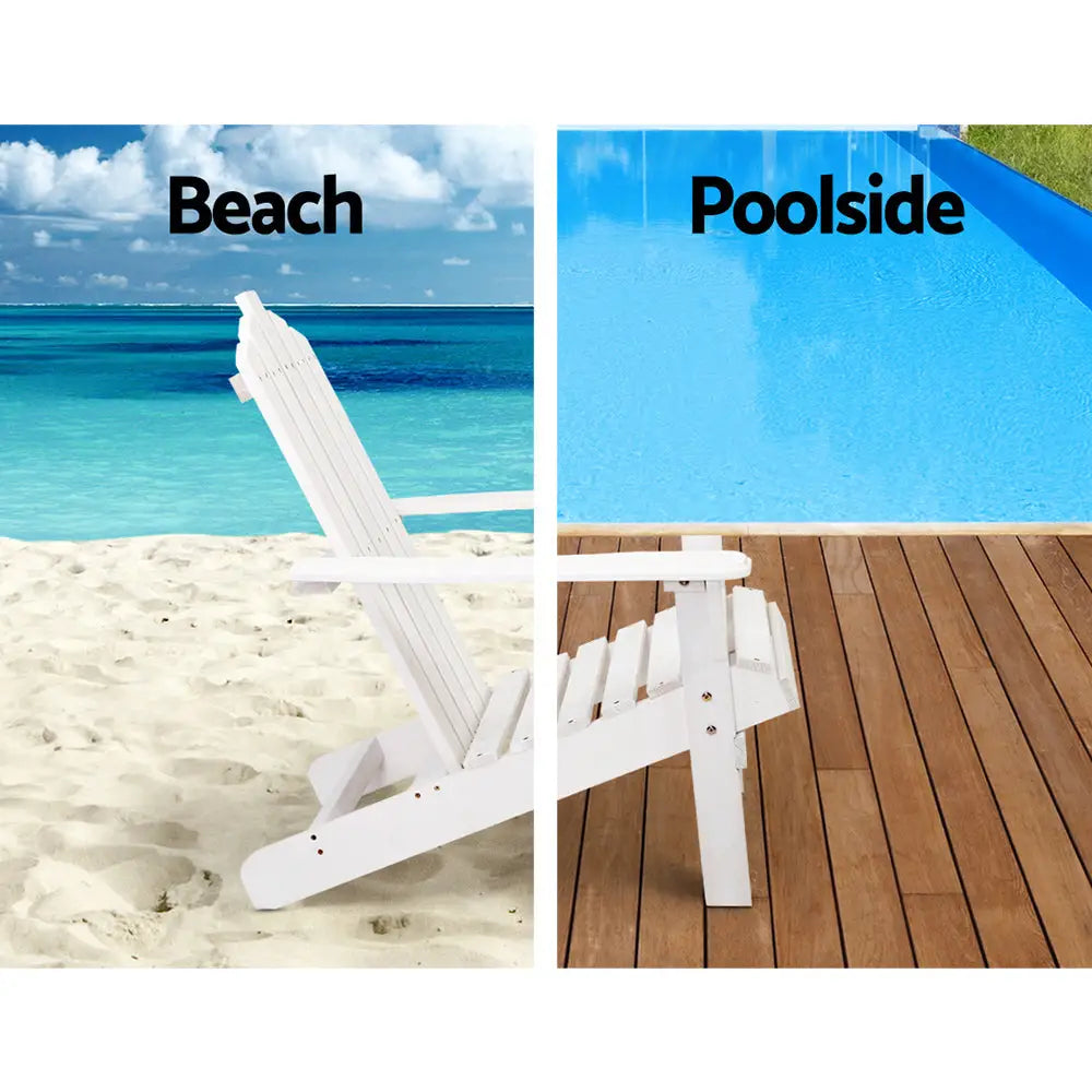 Gardeon 3PC Adirondack Outdoor Table and Chairs Wooden Beach Chair White - Furniture > Outdoor > Outdoor Sofas & Lounge