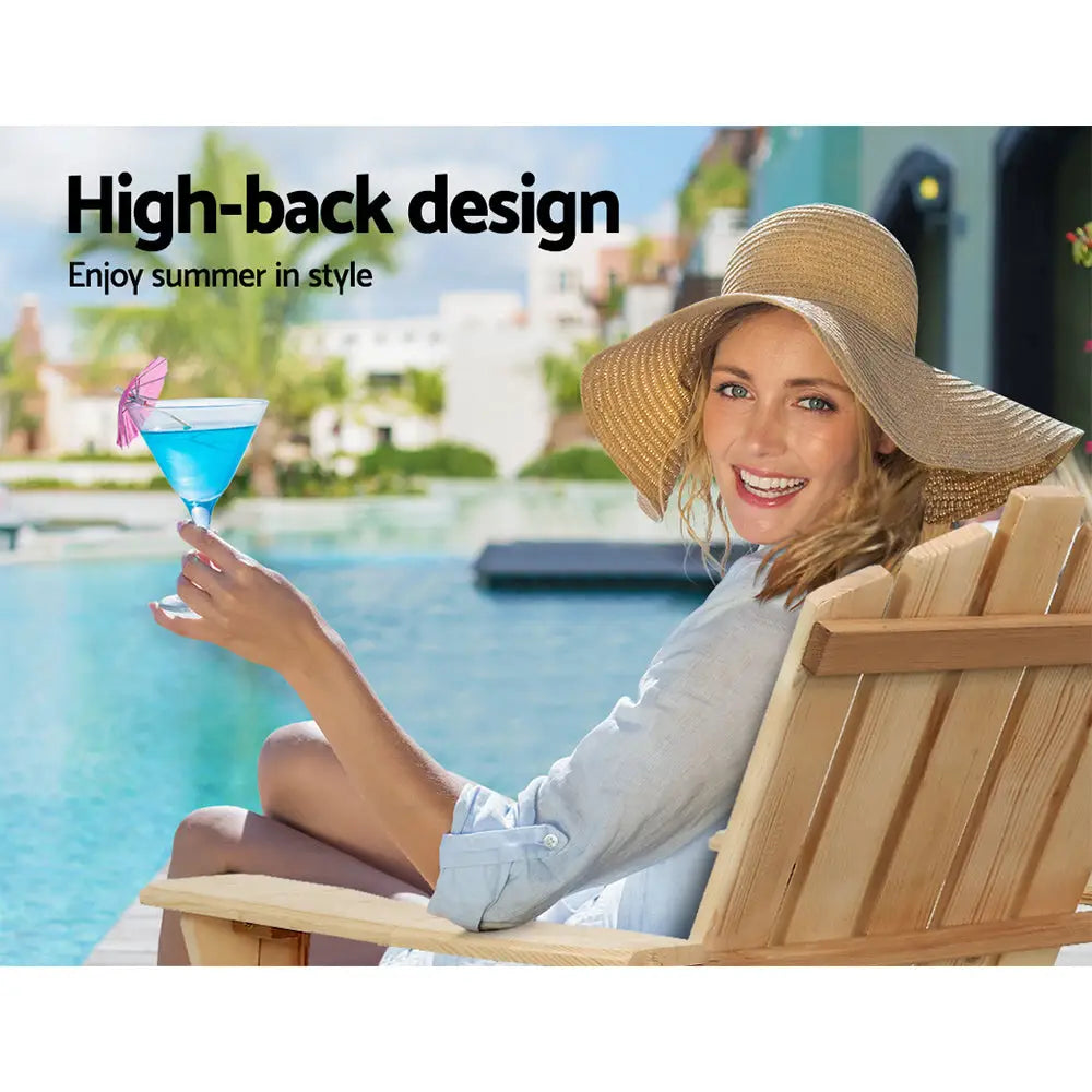 Gardeon 3PC Adirondack Outdoor Table and Chairs Wooden Beach Chair Natural - Furniture > Outdoor > Outdoor Chairs
