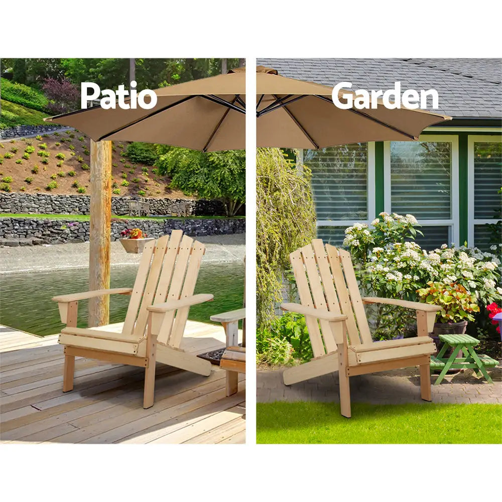 Gardeon 3PC Adirondack Outdoor Table and Chairs Wooden Beach Chair Natural - Furniture > Outdoor > Outdoor Chairs