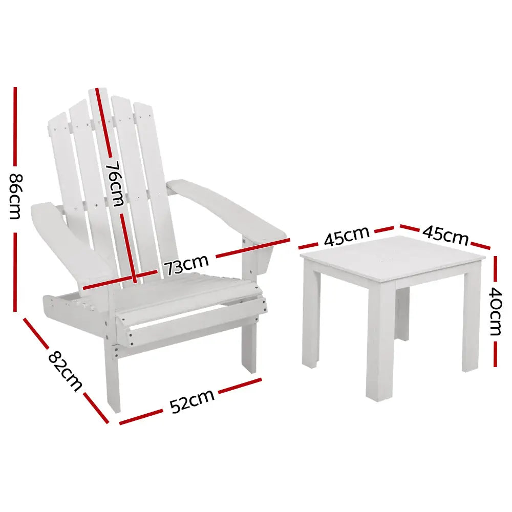 Gardeon 3PC Adirondack Outdoor Table and Chairs Wooden Beach Chair White - Furniture > Outdoor > Outdoor Sofas & Lounge