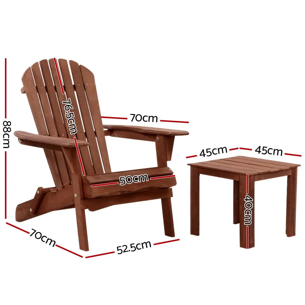 Gardeon 3PC Adirondack Outdoor Table and Chairs Wooden Foldable Beach Chair Brown - Furniture > Outdoor > Outdoor Sofas