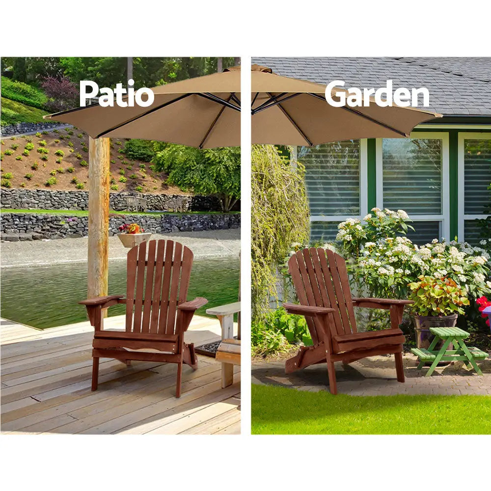 Gardeon 3PC Adirondack Outdoor Table and Chairs Wooden Foldable Beach Chair Brown - Furniture > Outdoor > Outdoor Sofas