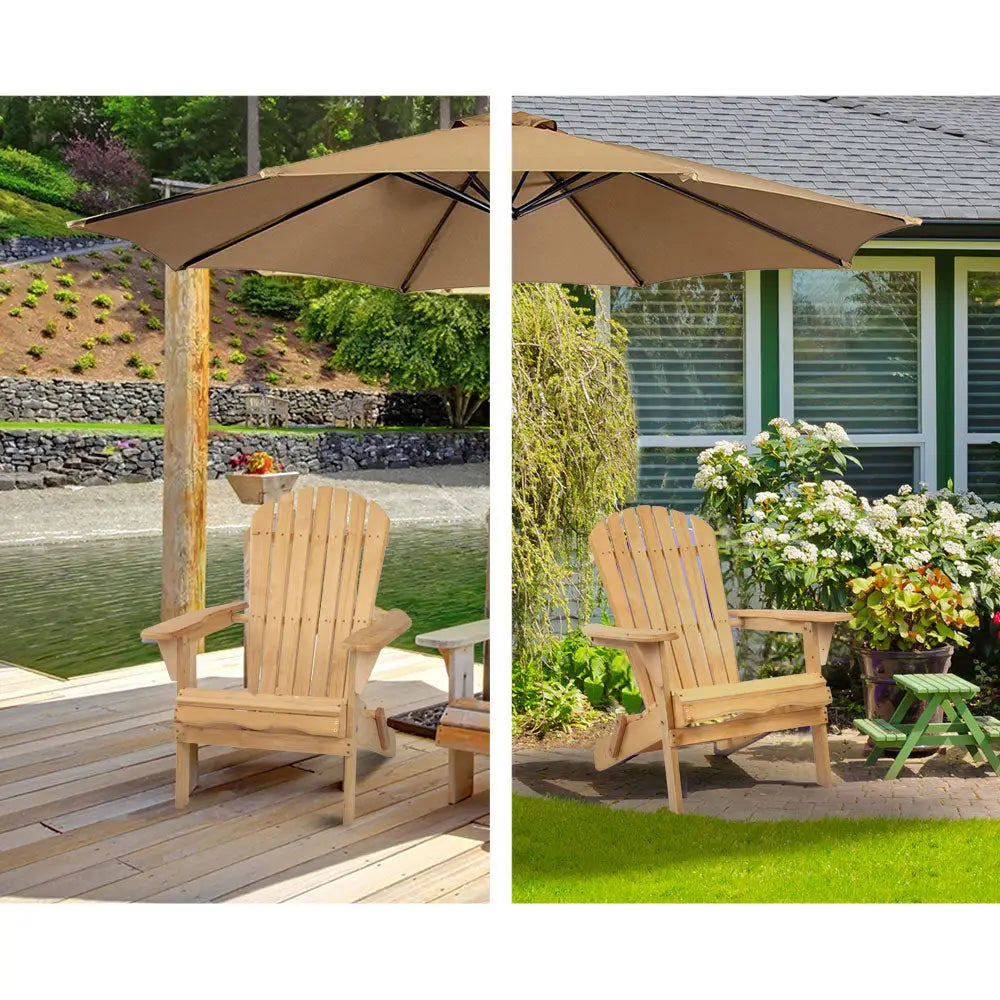 Gardeon 3PC Adirondack Outdoor Table and Chairs Wooden Foldable Beach Chair Natural - Furniture > Outdoor > Outdoor