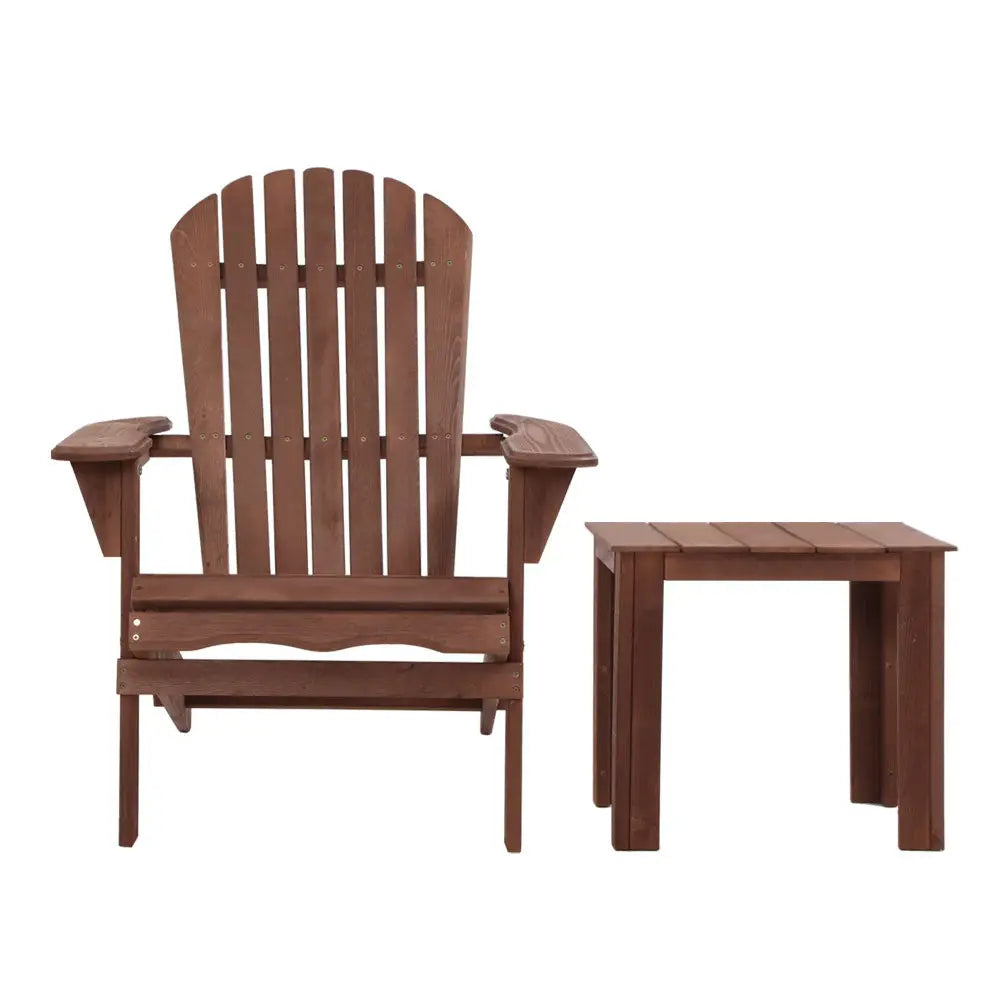 Gardeon 3PC Adirondack Outdoor Table and Chairs Wooden Foldable Beach Chair Brown - Furniture > Outdoor > Outdoor Sofas