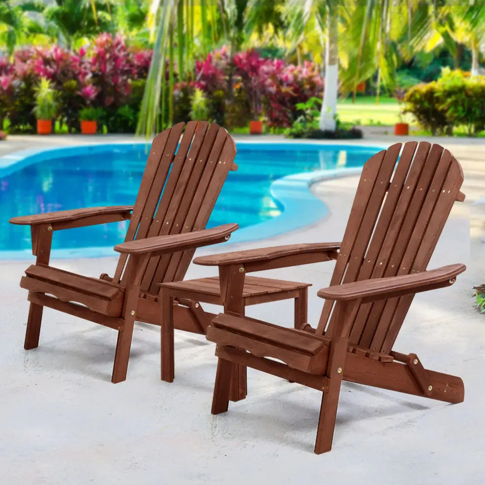 Gardeon 3PC Adirondack Outdoor Table and Chairs Wooden Foldable Beach Chair Brown - Furniture > Outdoor > Outdoor Sofas
