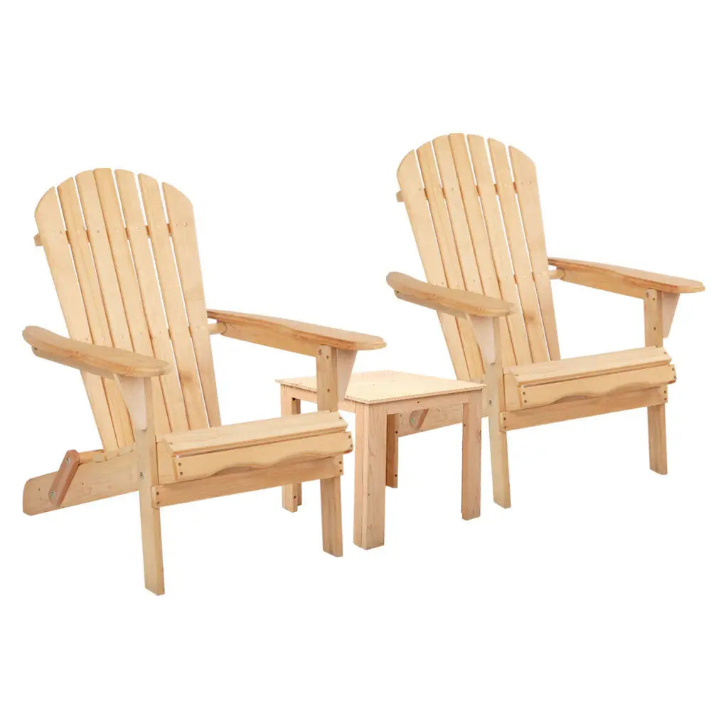 Gardeon 3PC Adirondack Outdoor Table and Chairs Wooden Foldable Beach Chair Natural - Furniture > Outdoor > Outdoor