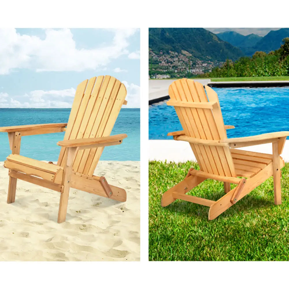 Gardeon 3PC Adirondack Outdoor Table and Chairs Wooden Foldable Beach Chair Natural - Furniture > Outdoor > Outdoor