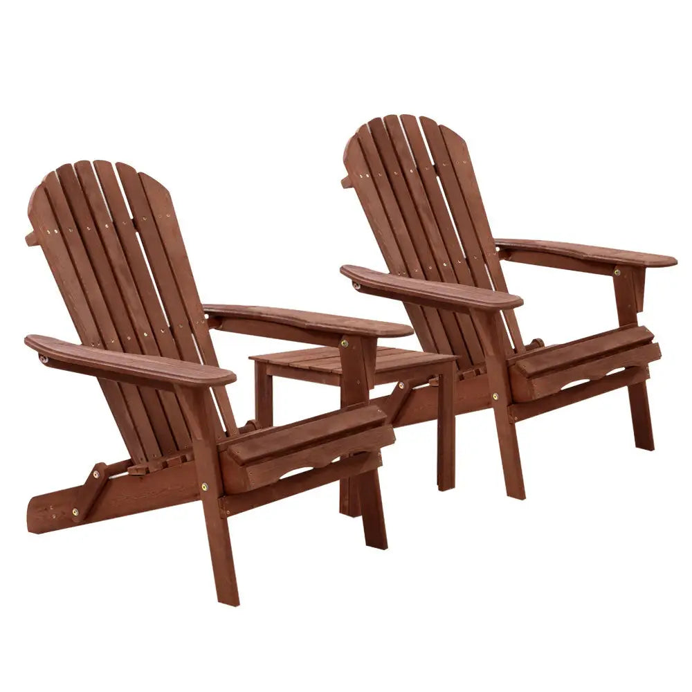 Gardeon 3PC Adirondack Outdoor Table and Chairs Wooden Foldable Beach Chair Brown - Furniture > Outdoor > Outdoor Sofas