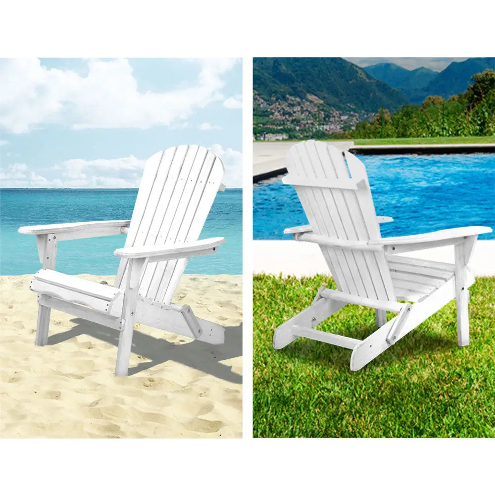 Gardeon 3PC Adirondack Outdoor Table and Chairs Wooden Foldable Beach Chair White - Furniture > Outdoor > Outdoor Sofas