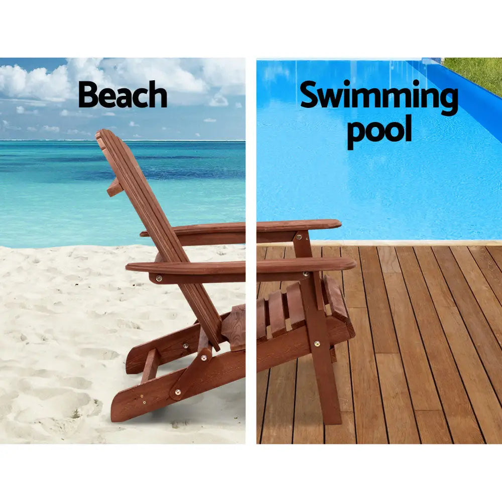 Gardeon 3PC Adirondack Outdoor Table and Chairs Wooden Foldable Beach Chair Brown - Furniture > Outdoor > Outdoor Sofas