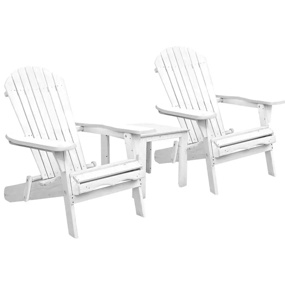 Gardeon 3PC Adirondack Outdoor Table and Chairs Wooden Foldable Beach Chair White - Furniture > Outdoor > Outdoor Sofas