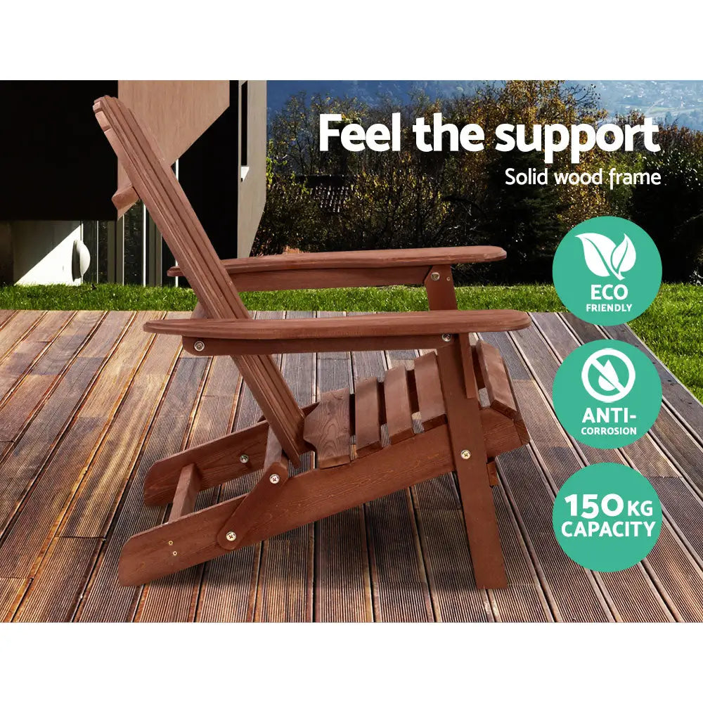 Gardeon 3PC Adirondack Outdoor Table and Chairs Wooden Foldable Beach Chair Brown - Furniture > Outdoor > Outdoor Sofas