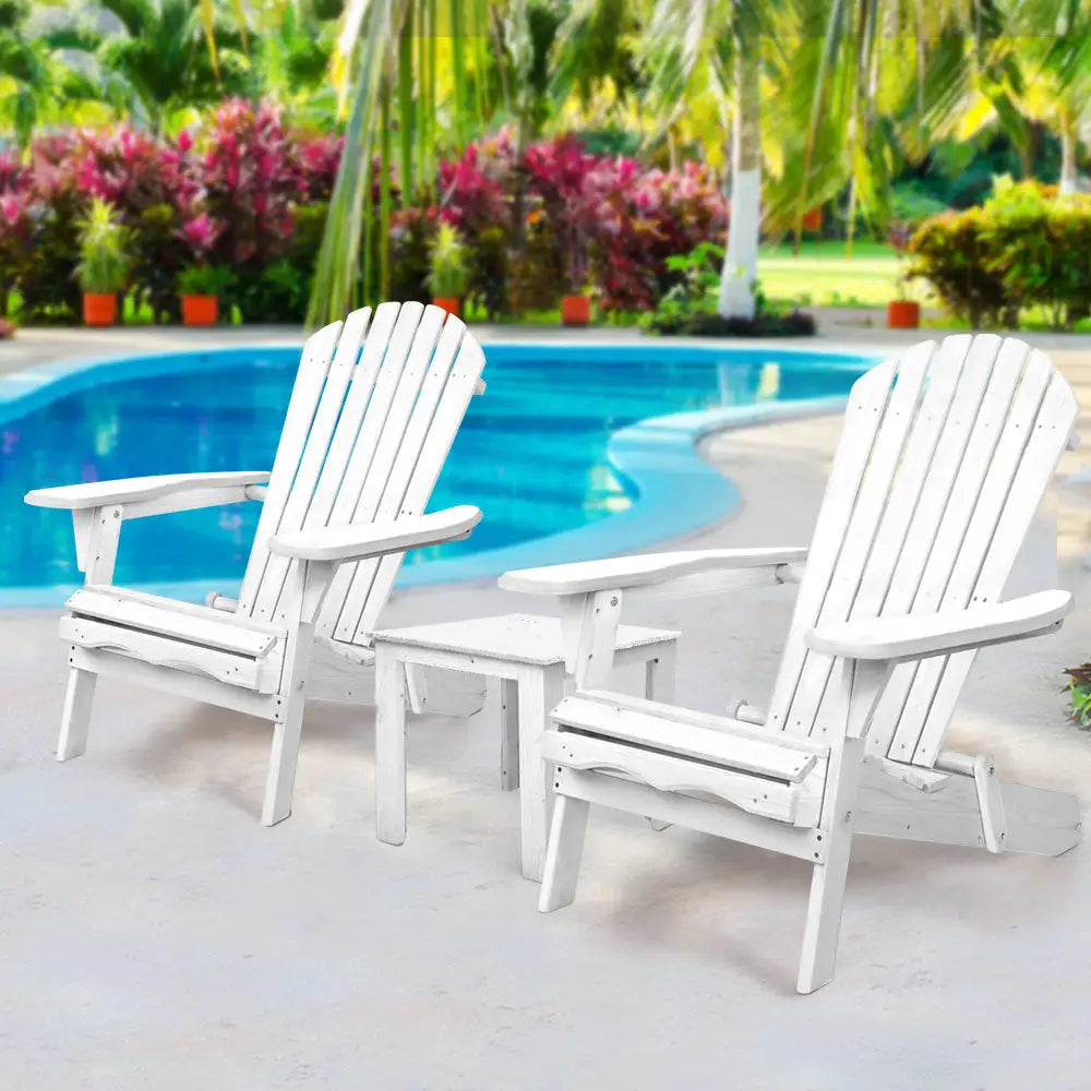 Gardeon 3PC Adirondack Outdoor Table and Chairs Wooden Foldable Beach Chair White - Furniture > Outdoor > Outdoor Sofas