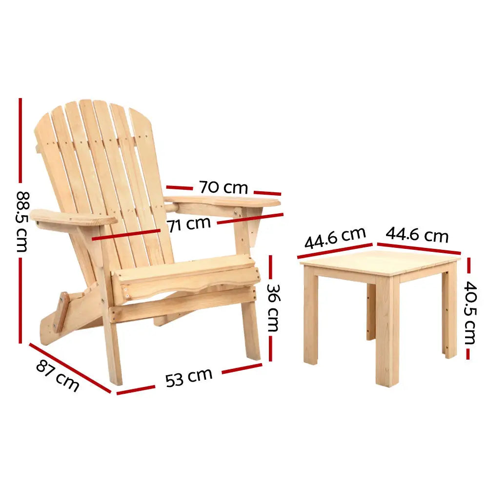 Gardeon 3PC Adirondack Outdoor Table and Chairs Wooden Foldable Beach Chair Natural - Furniture > Outdoor > Outdoor