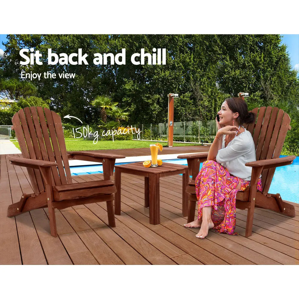 Gardeon 3PC Adirondack Outdoor Table and Chairs Wooden Foldable Beach Chair Brown - Furniture > Outdoor > Outdoor Sofas