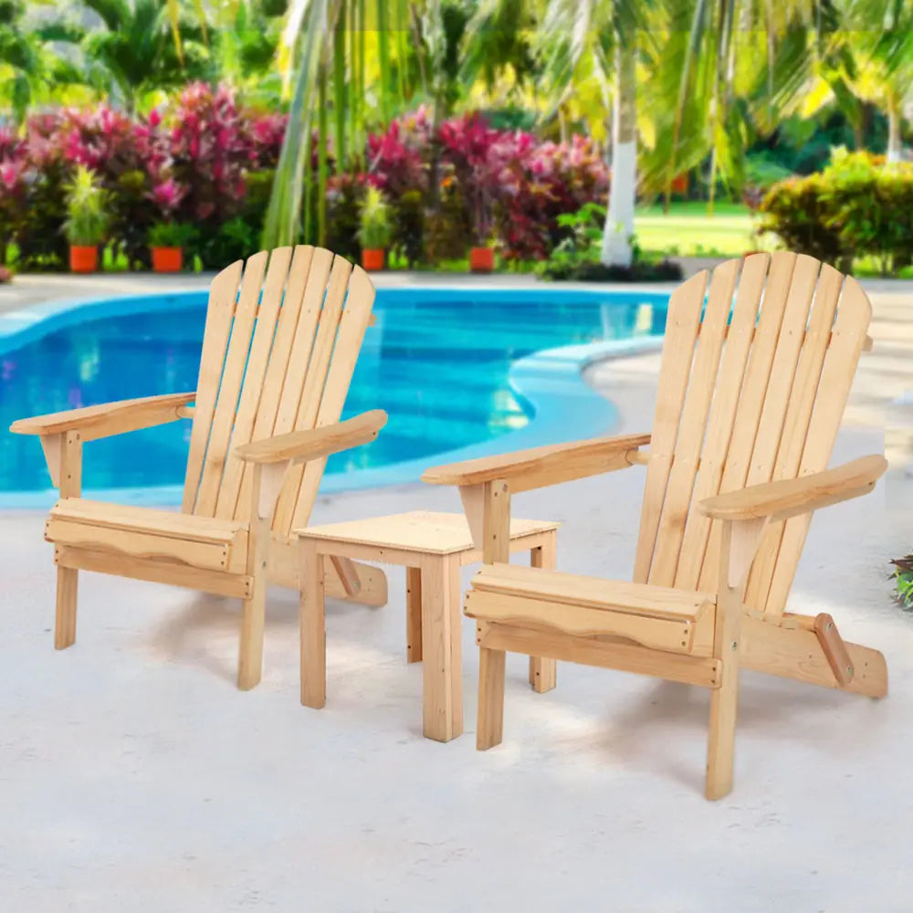 Gardeon 3PC Adirondack Outdoor Table and Chairs Wooden Foldable Beach Chair Natural - Furniture > Outdoor > Outdoor