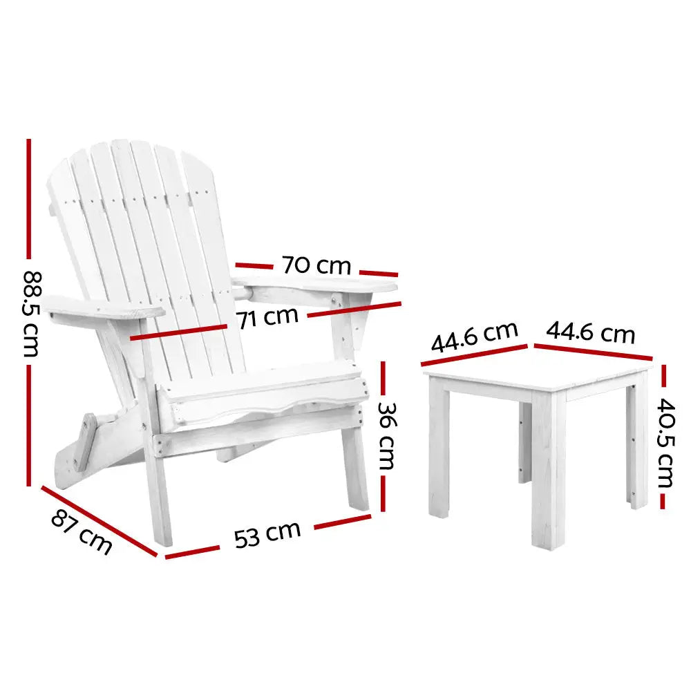 Gardeon 3PC Adirondack Outdoor Table and Chairs Wooden Foldable Beach Chair White - Furniture > Outdoor > Outdoor Sofas