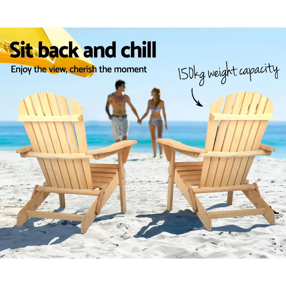 Gardeon 3PC Adirondack Outdoor Table and Chairs Wooden Foldable Beach Chair Natural - Furniture > Outdoor > Outdoor