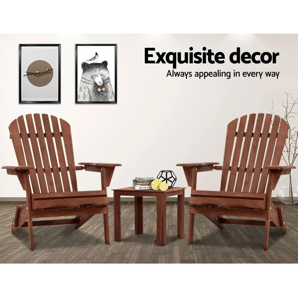 Gardeon 3PC Adirondack Outdoor Table and Chairs Wooden Foldable Beach Chair Brown - Furniture > Outdoor > Outdoor Sofas