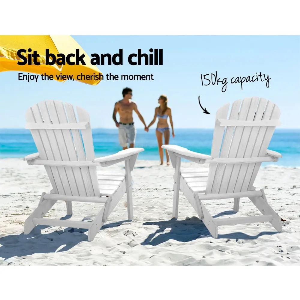 Gardeon 3PC Adirondack Outdoor Table and Chairs Wooden Foldable Beach Chair White - Furniture > Outdoor > Outdoor Sofas