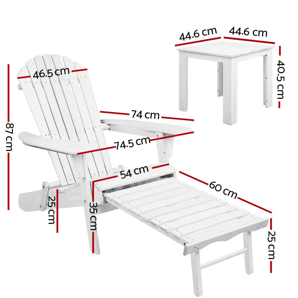 Gardeon 3PC Adirondack Outdoor Table and Chairs Wooden Sun Lounge Beach Patio White - Furniture > Outdoor > Outdoor