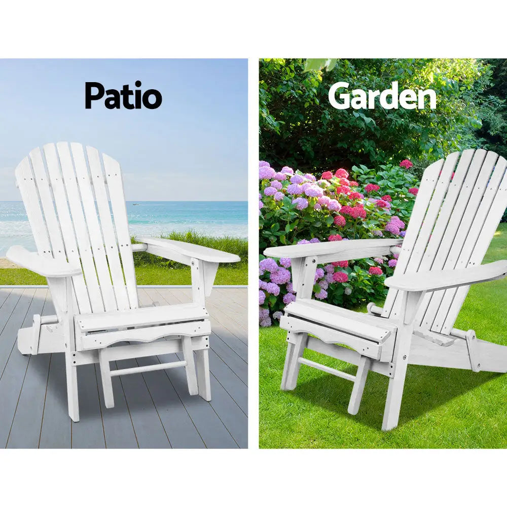 Gardeon 3PC Adirondack Outdoor Table and Chairs Wooden Sun Lounge Beach Patio White - Furniture > Outdoor > Outdoor