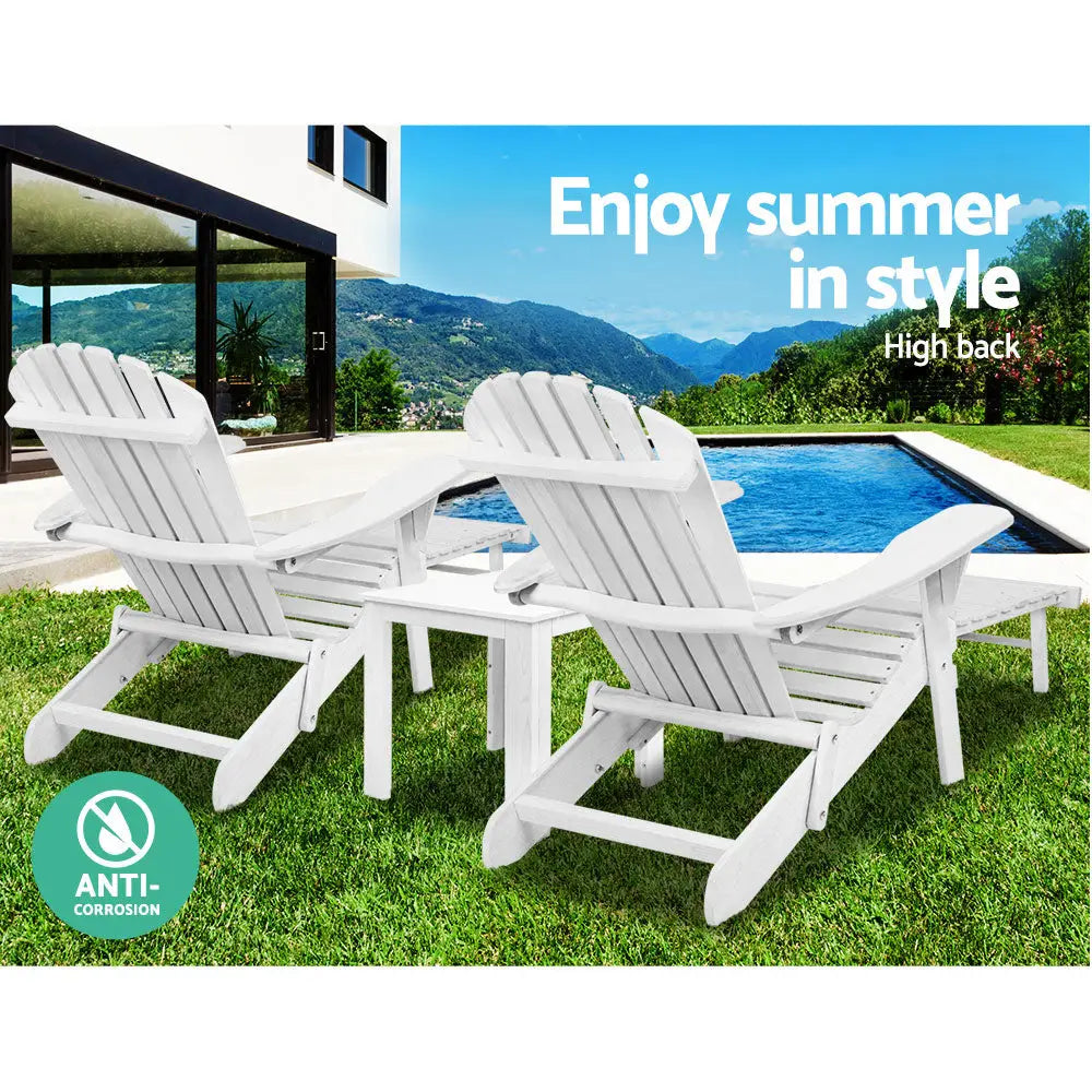 Gardeon 3PC Adirondack Outdoor Table and Chairs Wooden Sun Lounge Beach Patio White - Furniture > Outdoor > Outdoor