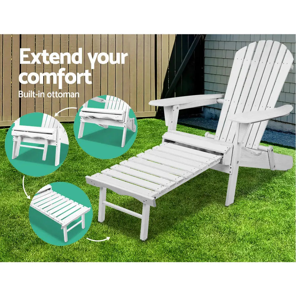 Gardeon 3PC Adirondack Outdoor Table and Chairs Wooden Sun Lounge Beach Patio White - Furniture > Outdoor > Outdoor