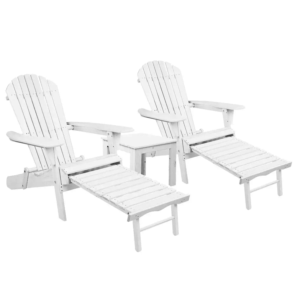 Gardeon 3PC Adirondack Outdoor Table and Chairs Wooden Sun Lounge Beach Patio White - Furniture > Outdoor > Outdoor