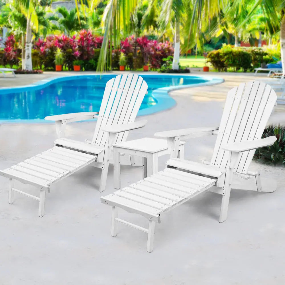 Gardeon 3PC Adirondack Outdoor Table and Chairs Wooden Sun Lounge Beach Patio White - Furniture > Outdoor > Outdoor
