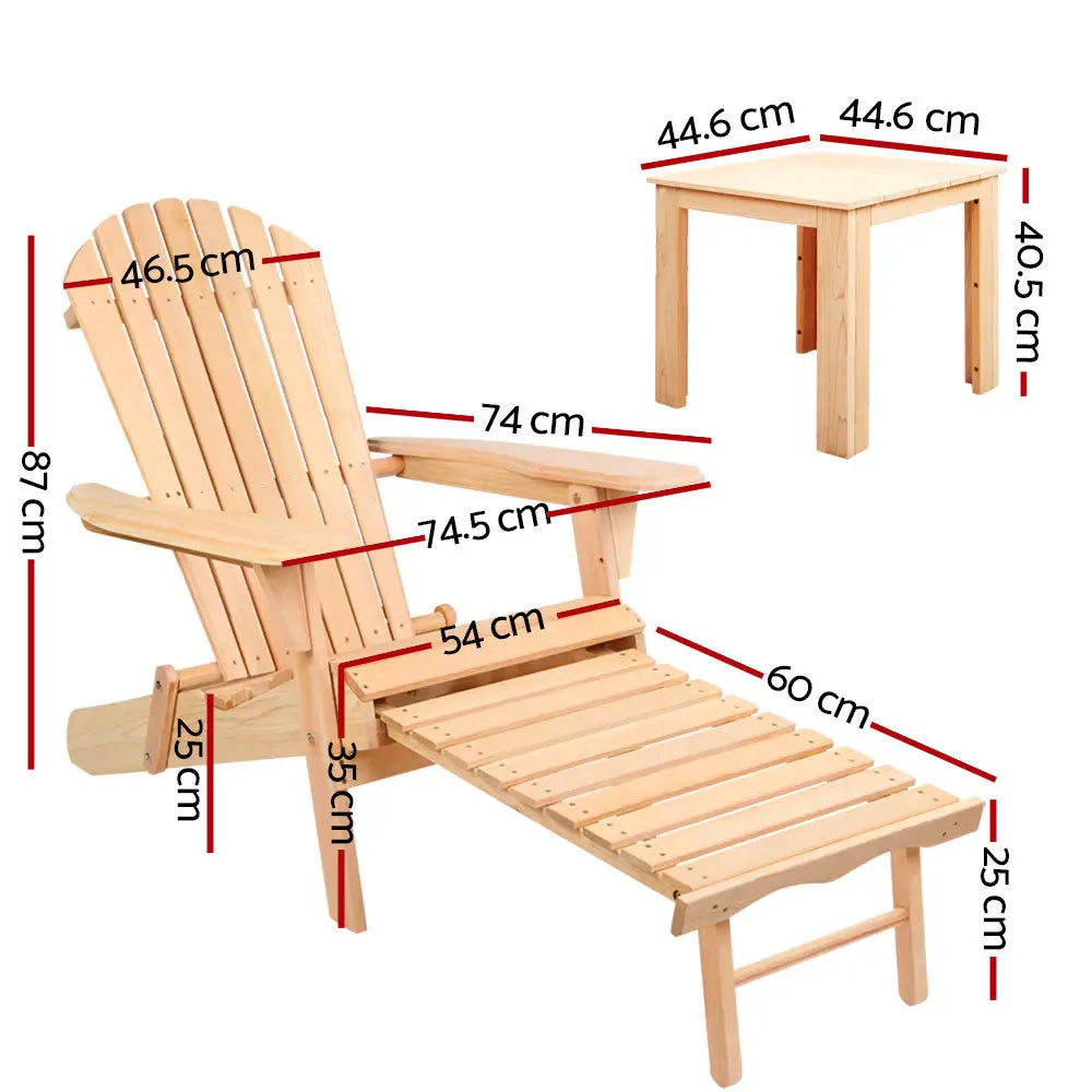 Gardeon 3PC Adirondack Outdoor Table and Chairs? Wooden Sun Lounge Beach Patio Natural - Furniture > Outdoor