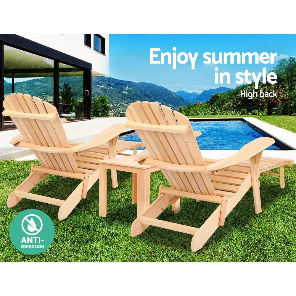 Gardeon 3PC Adirondack Outdoor Table and Chairs? Wooden Sun Lounge Beach Patio Natural - Furniture > Outdoor