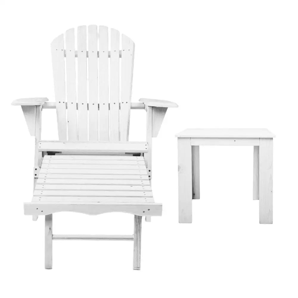 Gardeon 3PC Adirondack Outdoor Table and Chairs Wooden Sun Lounge Beach Patio White - Furniture > Outdoor > Outdoor