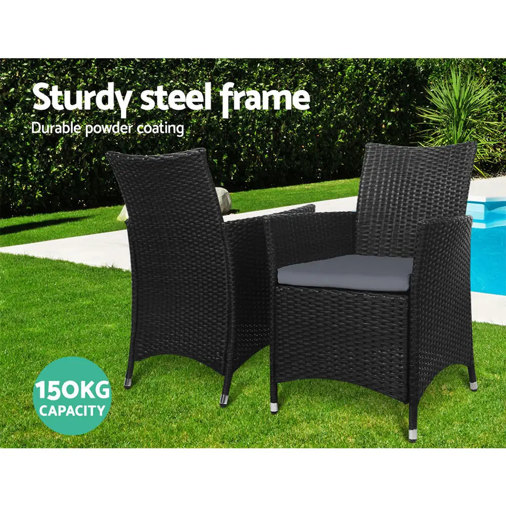 Gardeon 3PC Bistro Set Outdoor Furniture Rattan Table Chairs Cushion Patio Garden Idris - Furniture > Outdoor
