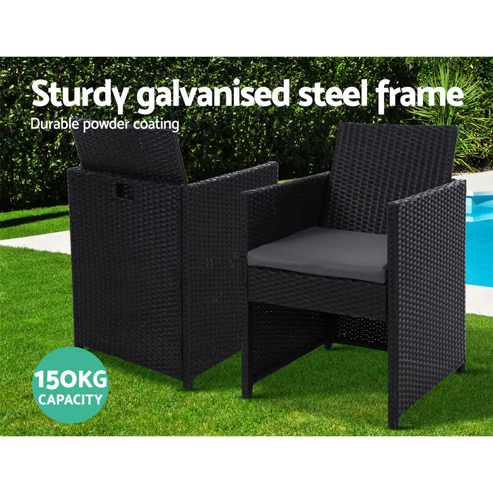 Gardeon 3PC Bistro Set Outdoor Furniture Rattan Table Chairs Cushion Patio Garden Hugo - Furniture > Outdoor