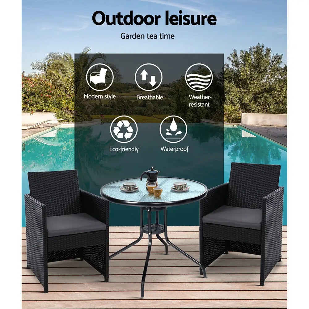 Gardeon 3PC Bistro Set Outdoor Furniture Rattan Table Chairs Cushion Patio Garden Hugo - Furniture > Outdoor