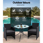 Gardeon 3PC Bistro Set Outdoor Furniture Rattan Table Chairs Cushion Patio Garden Hugo - Furniture > Outdoor