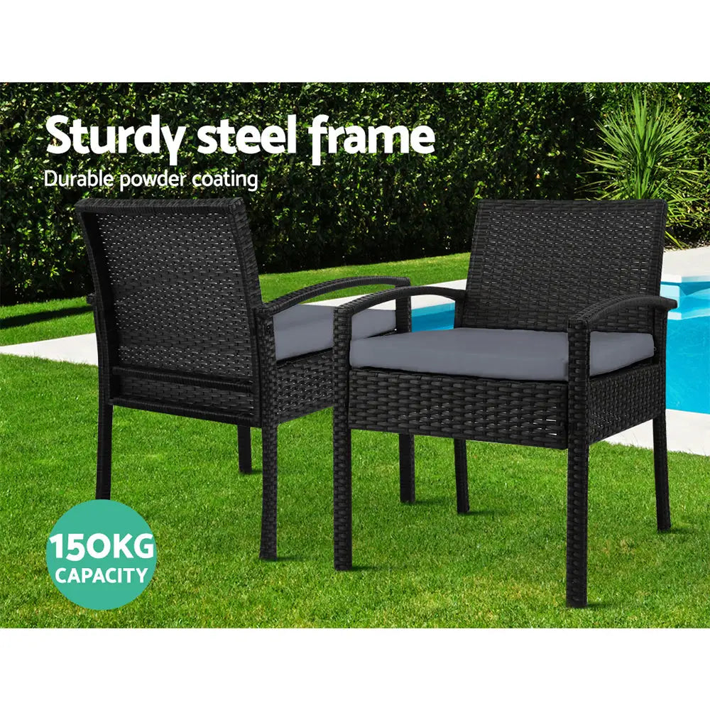 Gardeon 3PC Bistro Set Outdoor Furniture Rattan Table Chairs Cushion Patio Garden Felix - Furniture > Outdoor