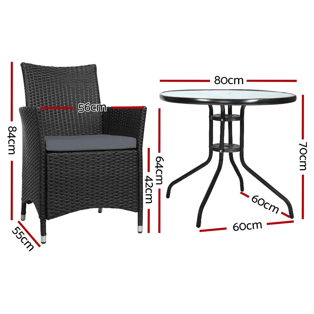 Gardeon 3PC Bistro Set Outdoor Furniture Rattan Table Chairs Cushion Patio Garden Idris - Furniture > Outdoor