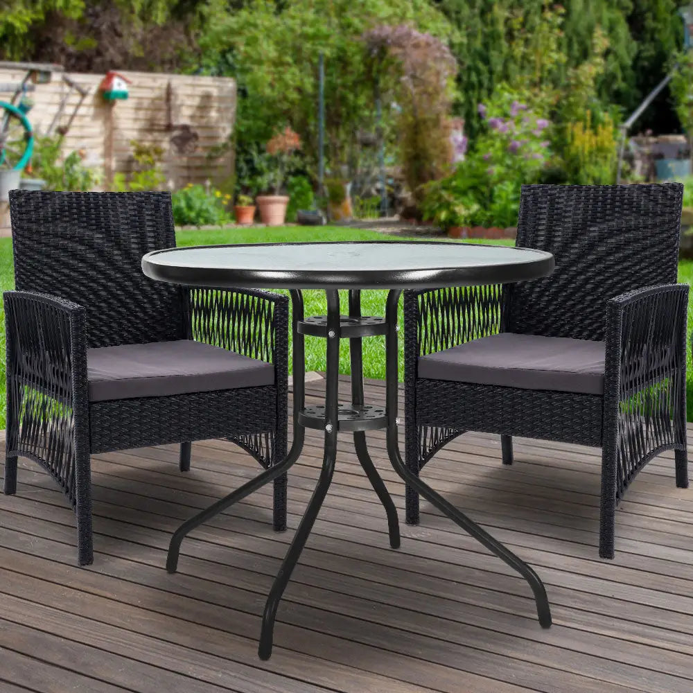 Gardeon 3PC Bistro Set Outdoor Furniture Rattan Table Chairs Cushion Patio Garden Lyra - Furniture > Outdoor