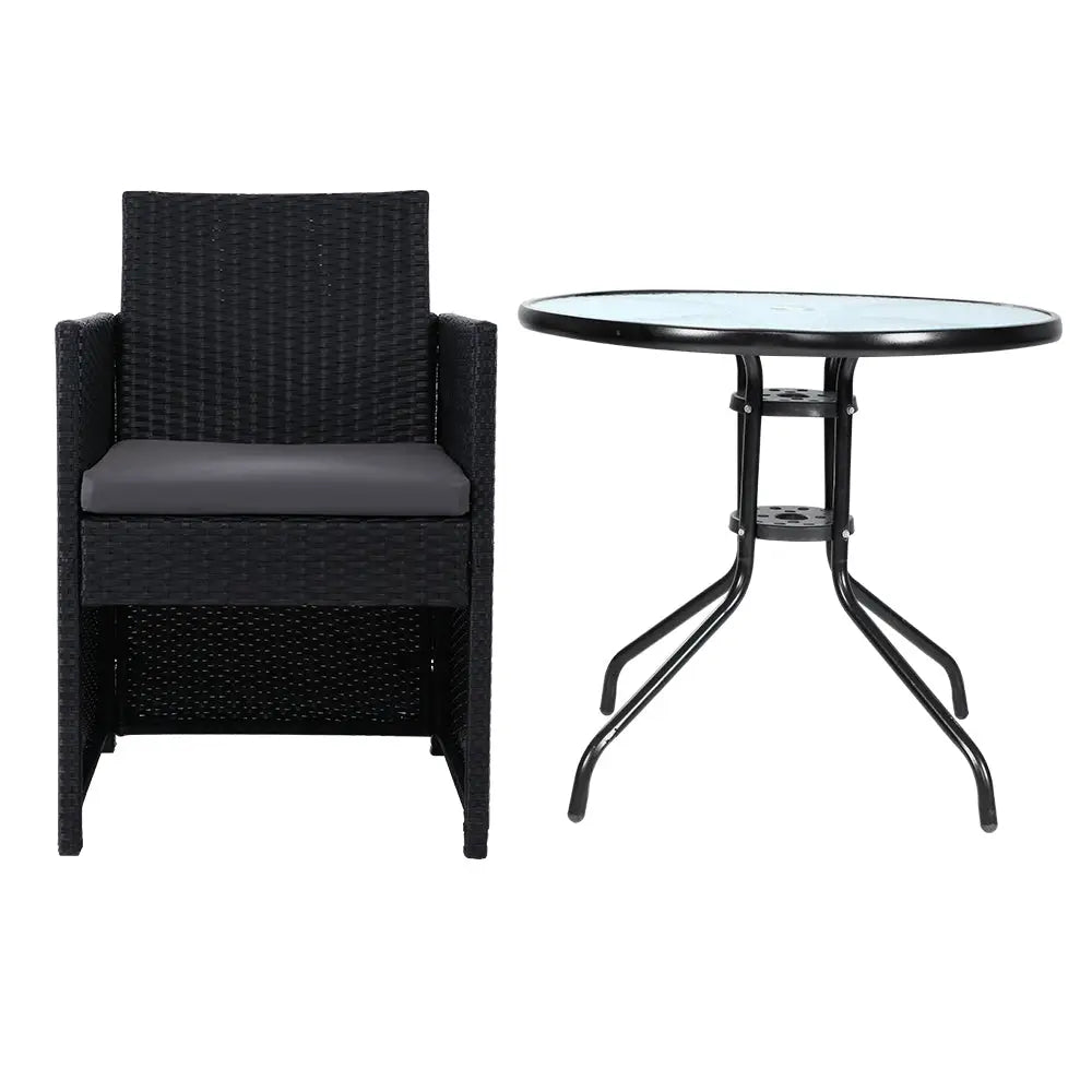Gardeon 3PC Bistro Set Outdoor Furniture Rattan Table Chairs Cushion Patio Garden Hugo - Furniture > Outdoor