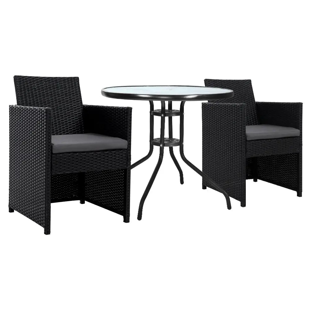Gardeon 3PC Bistro Set Outdoor Furniture Rattan Table Chairs Cushion Patio Garden Hugo - Furniture > Outdoor