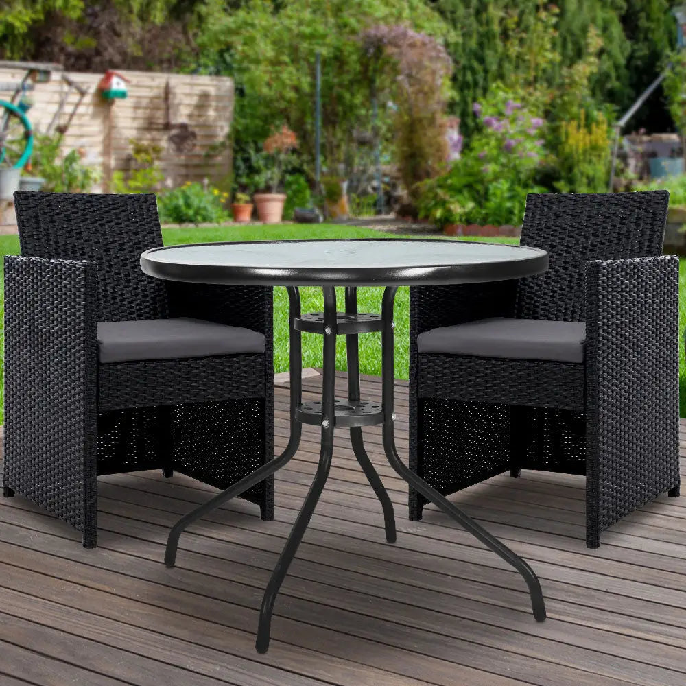 Gardeon 3PC Bistro Set Outdoor Furniture Rattan Table Chairs Cushion Patio Garden Hugo - Furniture > Outdoor
