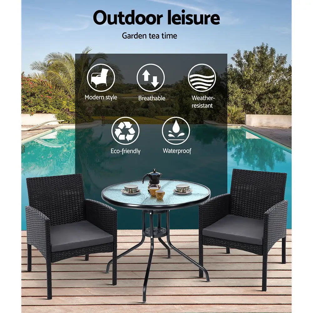 Gardeon 3PC Bistro Set Outdoor Furniture Rattan Table Chairs Cushion Patio Garden Ezra - Furniture > Outdoor