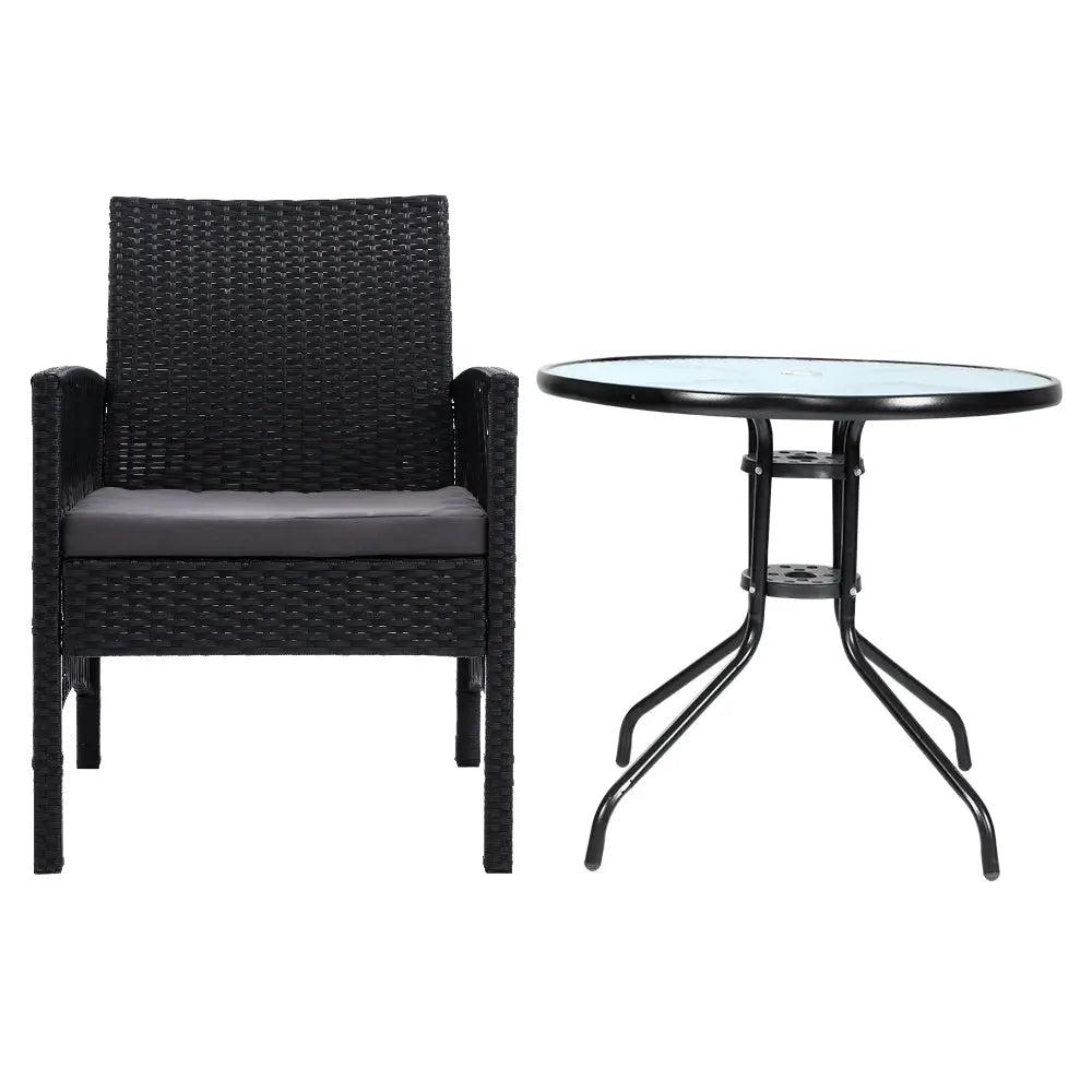 Gardeon 3PC Bistro Set Outdoor Furniture Rattan Table Chairs Cushion Patio Garden Lyra - Furniture > Outdoor