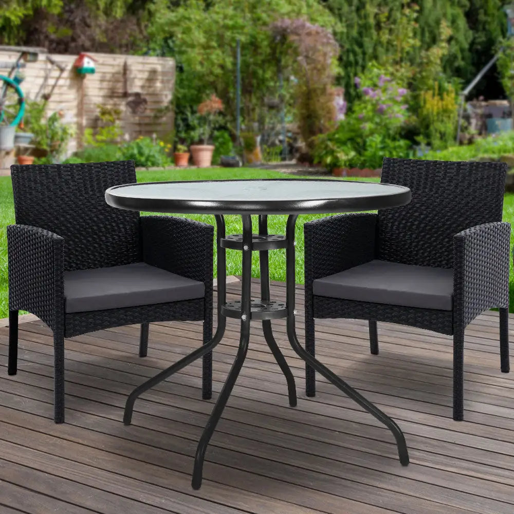 Gardeon 3PC Bistro Set Outdoor Furniture Rattan Table Chairs Cushion Patio Garden Ezra - Furniture > Outdoor