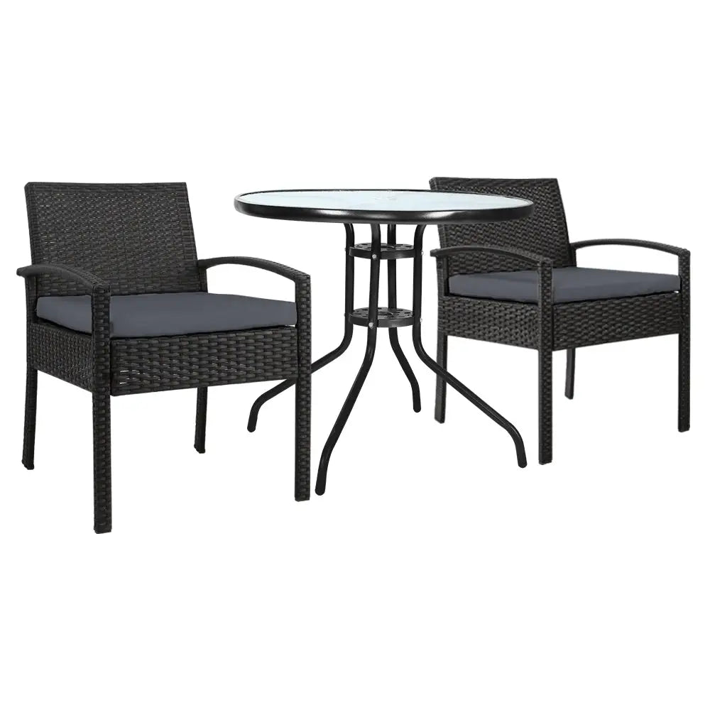 Gardeon 3PC Bistro Set Outdoor Furniture Rattan Table Chairs Cushion Patio Garden Felix - Furniture > Outdoor